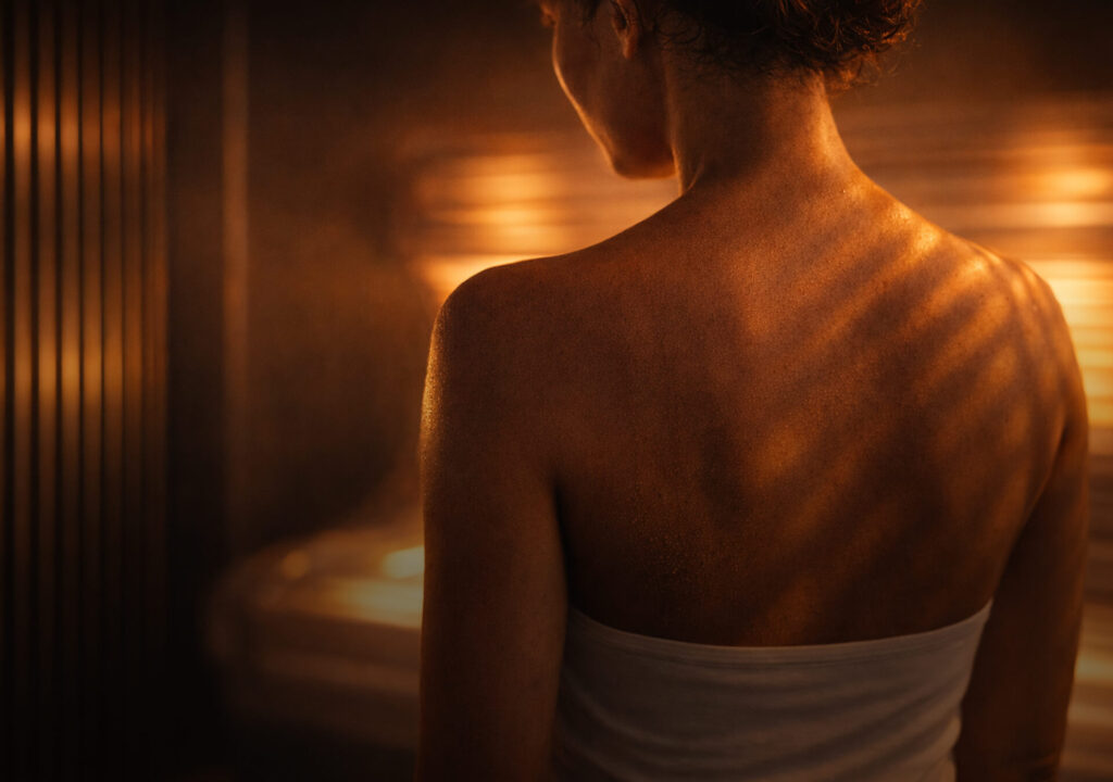 back of woman in a towel with warm background using sunbed for first time.