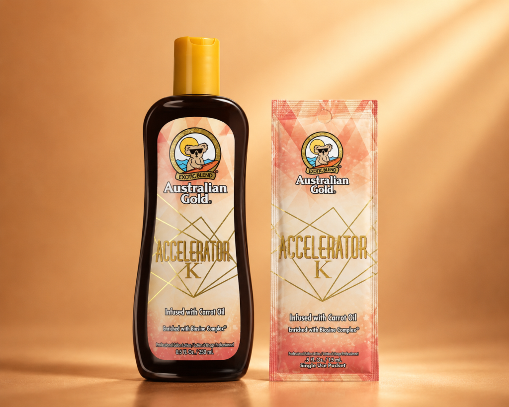Australian K Gold Accelerator lotion bottle on warm bronze glow background