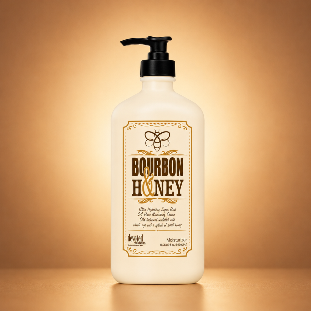 Devoted Creations Bourbon & Honey moisturiser bottle on soft bronze gradient background