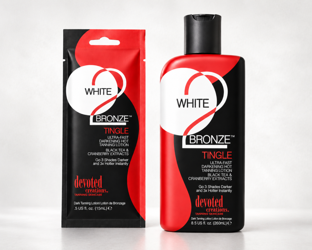 Devoted Creations White 2 Bronze Tingle tanning lotion bottle with matching sachet on soft light grey gradient background