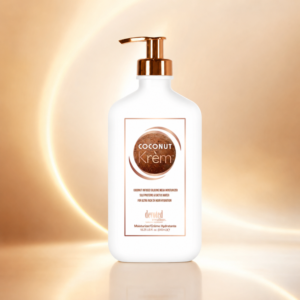 Devoted Creations Coconut Krem moisturiser bottle on soft neutral gradient background