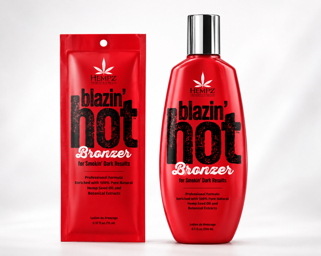 Hempz Blazin’ Hot Tingle Bronzer tanning lotion bottle with matching sachet on soft white gradient background