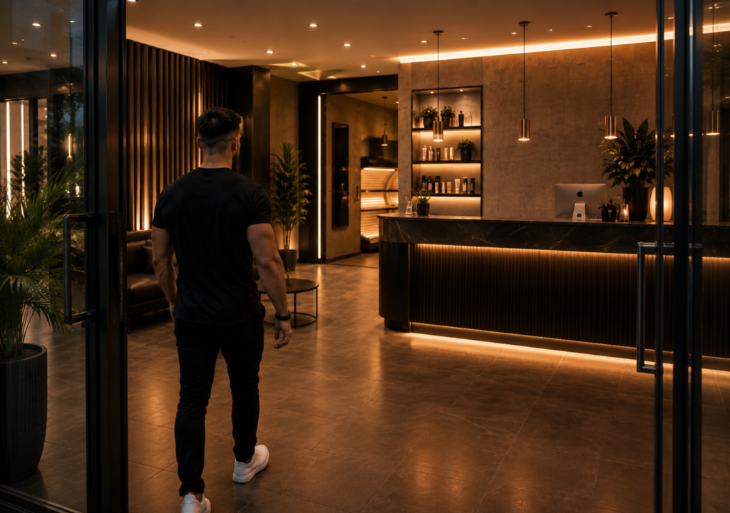 Man entering a modern tanning salon with warm ambient lighting and clean, premium interior