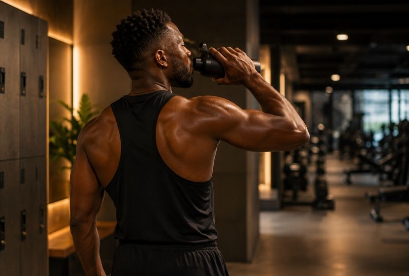man in gym wear seen from behind, drinking from a water bottle after a workout, relaxed posture with a clean, blurred background.