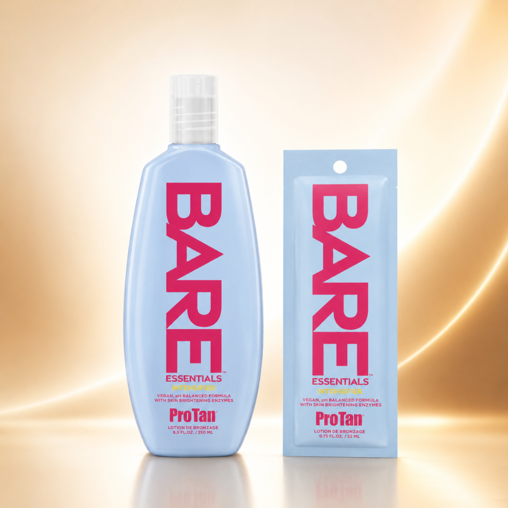 Pro Tan Bare Essentials Intensifier tanning lotion bottle and sachet on soft warm gold gradient background