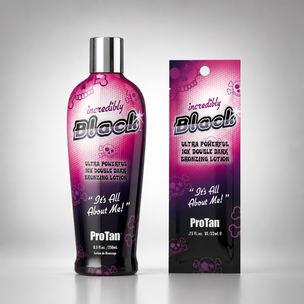 Pro Tan Incredibly Black bronzing lotion bottle and sachet