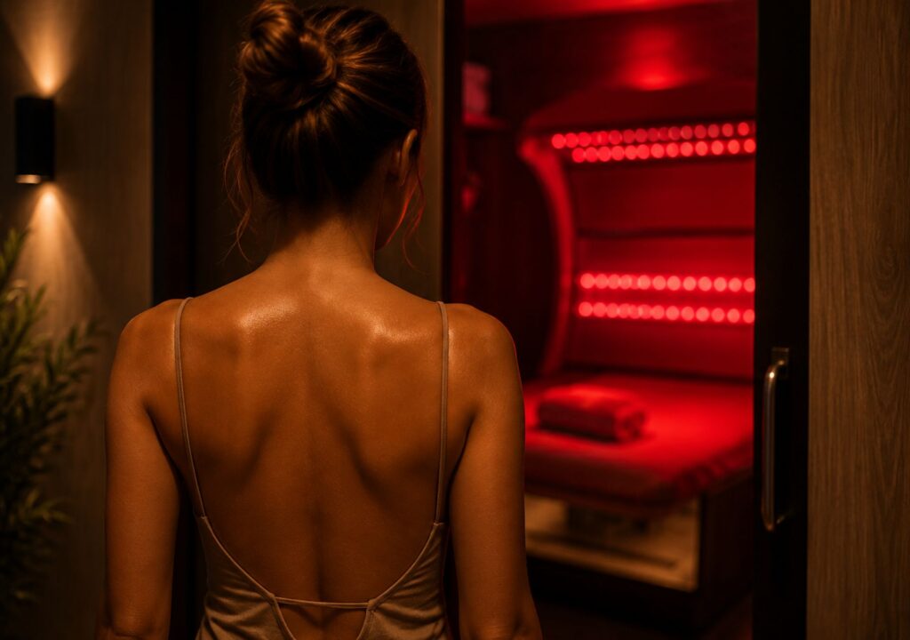 Woman Walking Into Red Light Therapy