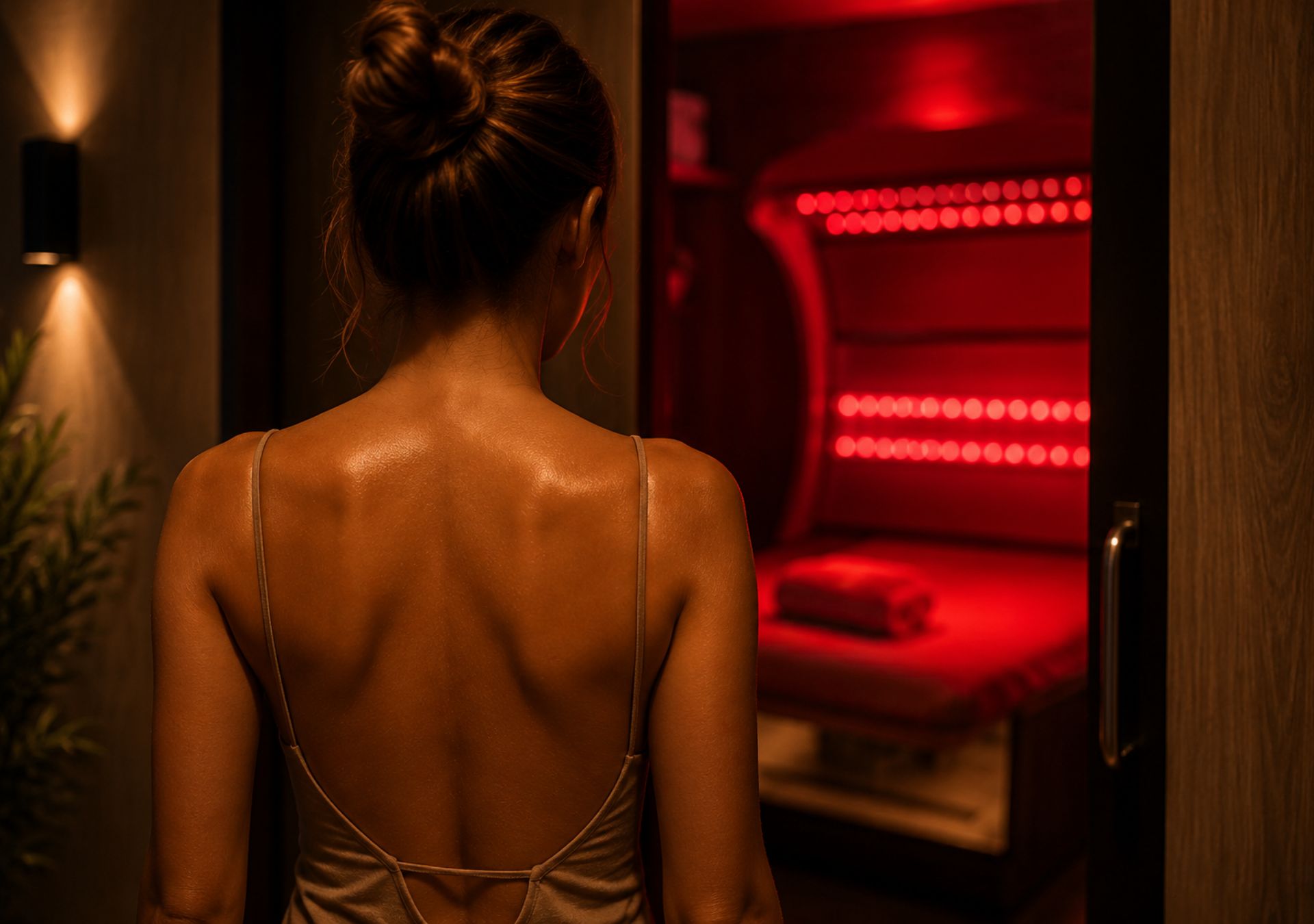 Woman Walking Into Red Light Therapy
