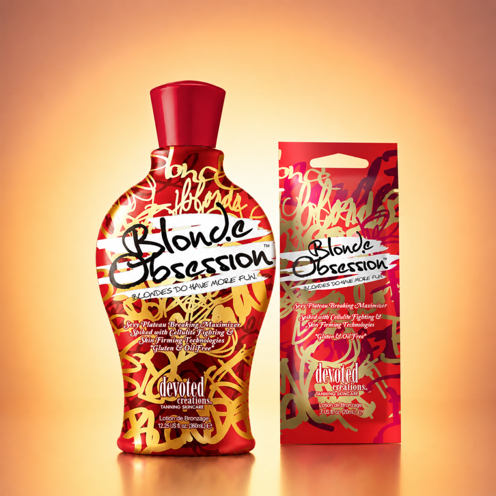 Devoted Creations Blonde Obsession tanning lotion bottle on warm copper gradient background