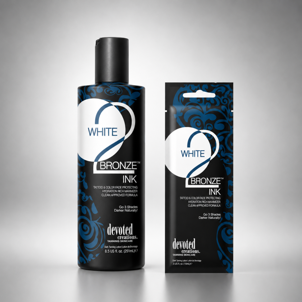 Devoted Creations White 2 Bronze Ink tanning lotion bottle and sachet