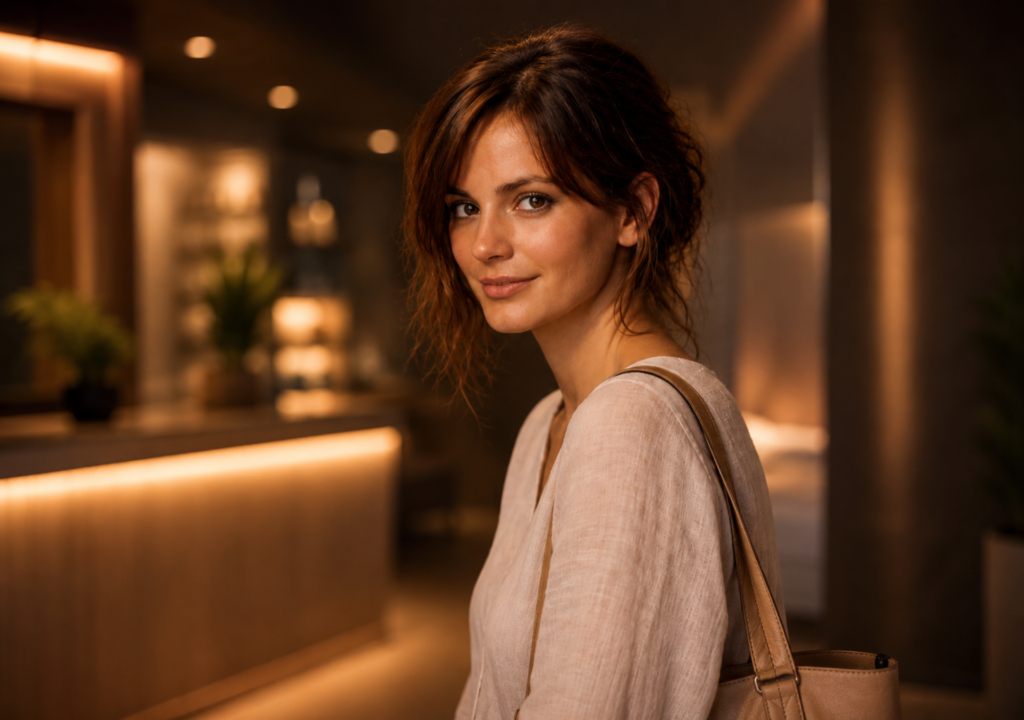 Woman arriving at a modern tanning salon for her first session, warm and welcoming setting