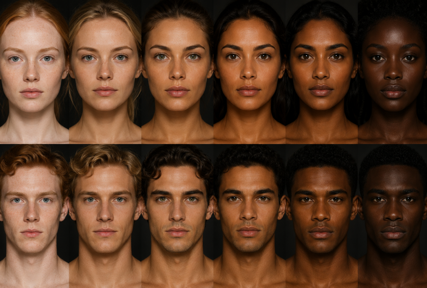The six Fitzpatrick skin types illustrated across six women and men with different skin tones — from Type 1 fair to Type 6 deep