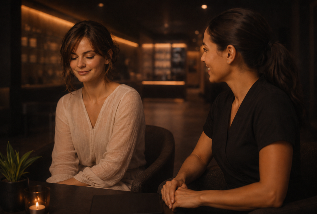 Customer speaking with staff member in a modern tanning salon, warm lighting and clean, minimalist setting