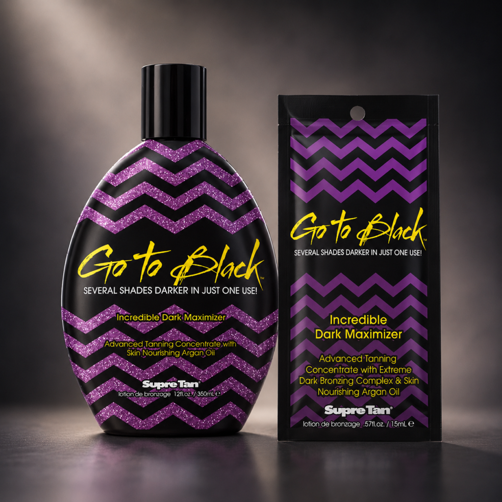 Supre Go To Black Dark Maximizer tanning lotion bottle with matching sachet on soft dark gradient background