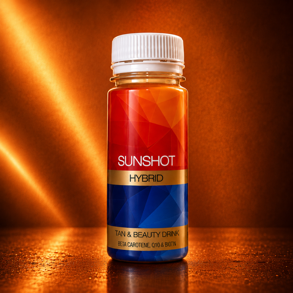 Sunshot Hybrid tan and beauty drink bottle on dark bronze gradient background